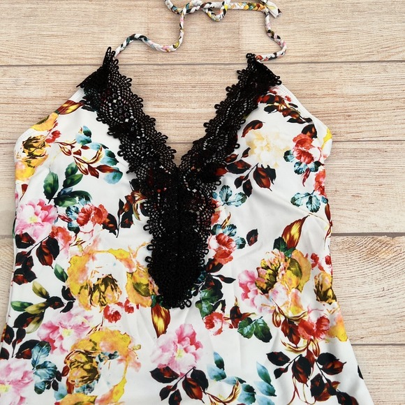 Women's Black Lace One-Piece Swimsuit Deep V Halter Open Back Size L - Picture 10 of 16